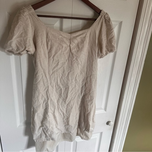 Japna Linen Blend Mini Dress Open Tie Back size Large Cottage Natural - Picture 2 of 7